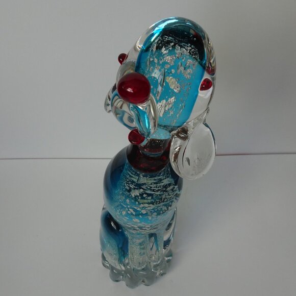 8" Vintage Murano Blue and Clear Glass Dog with Silver Flakes and Red Nose - Picture 9 of 16
